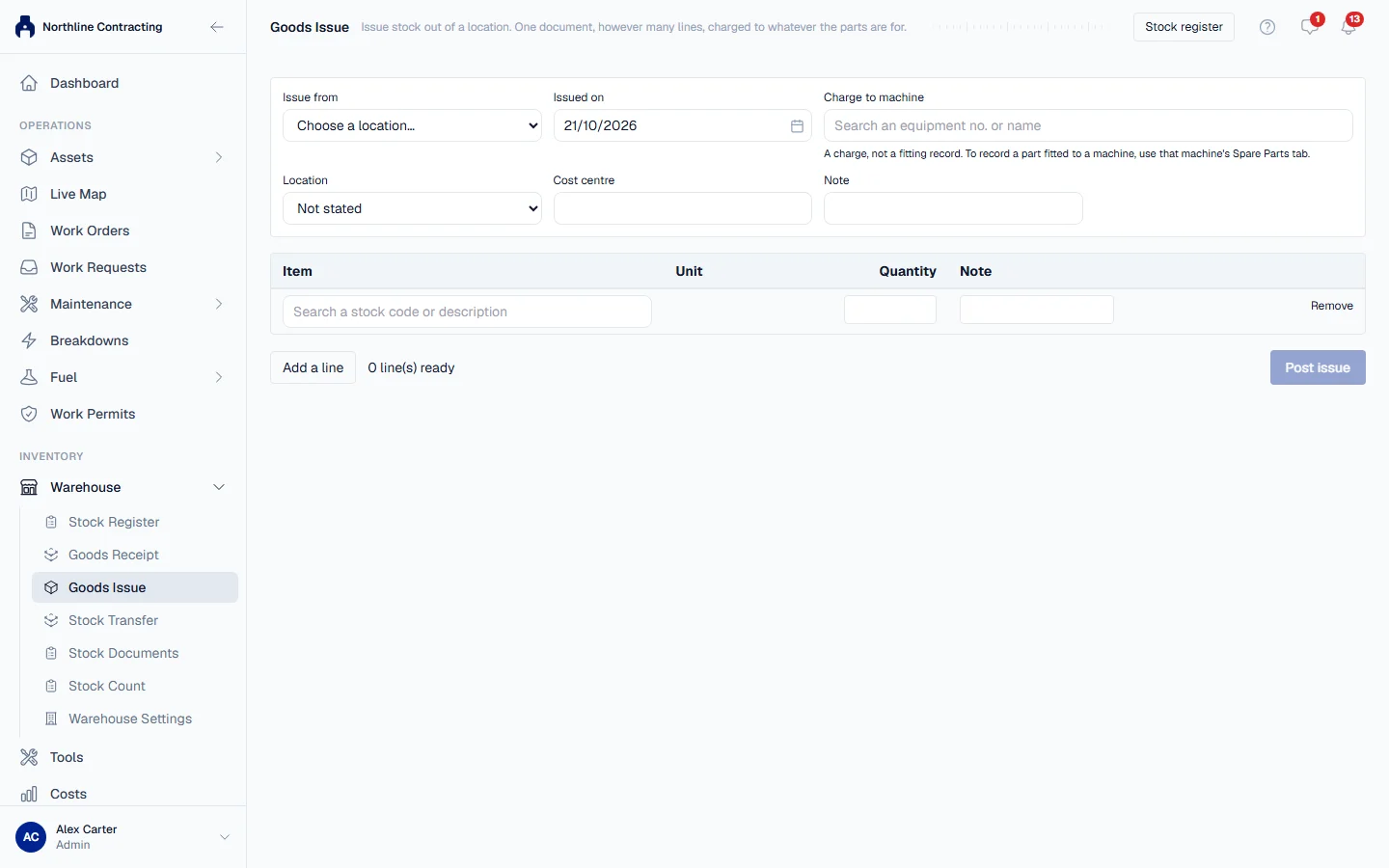 The Goods Issue page, where Issue from names the storage location the parts leave from