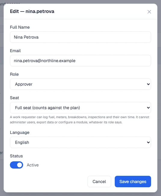 The Edit window for a user, with Full Name, Email, Role, Seat, Language and Status