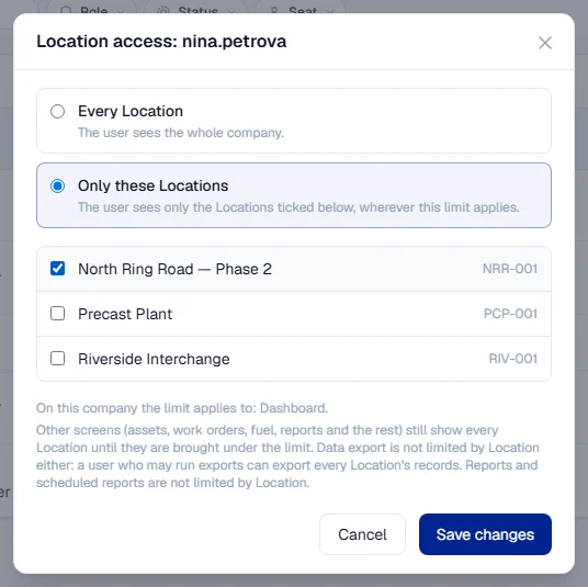 The Location access window with Only these Locations chosen and one Location ticked