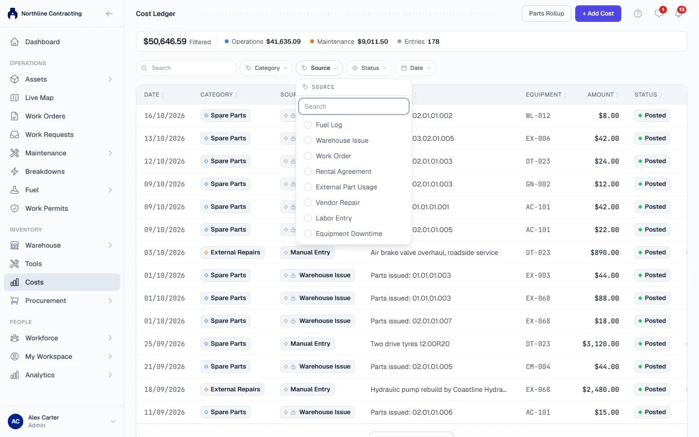 The Cost Ledger with the new Source filter open