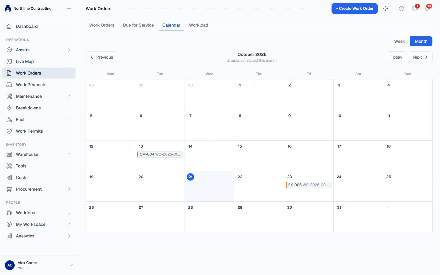 The Calendar tab in month view, with scheduled work on its days