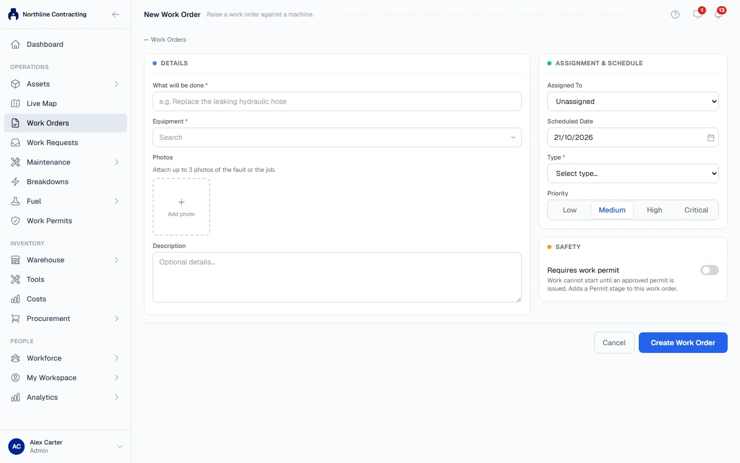The New Work Order page with the Details, Assignment & Schedule and Safety sections