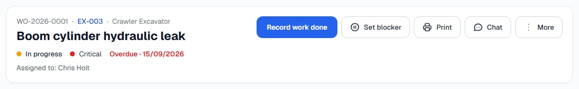 The header of a work order, with the Print button beside Set blocker