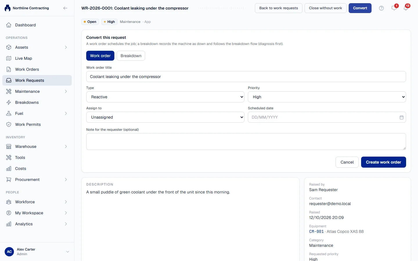 The Convert this request panel open above a request, with Work order chosen and the title, type, priority and assignee fields