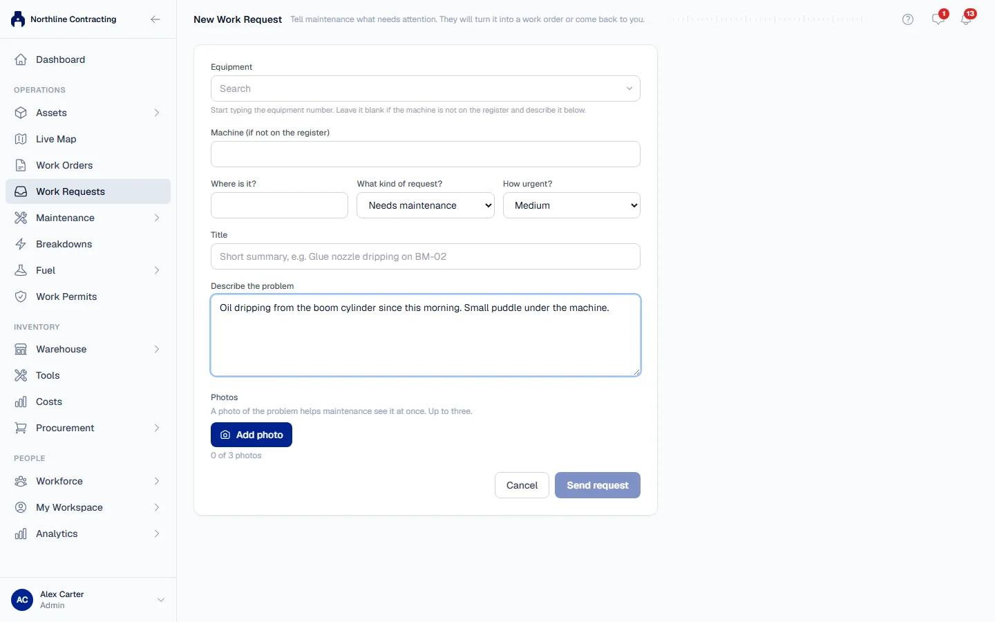 The New Work Request form with the problem described