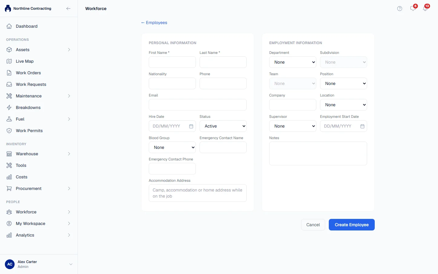 The new employee form, with Personal Information on the left and Employment Information on the right