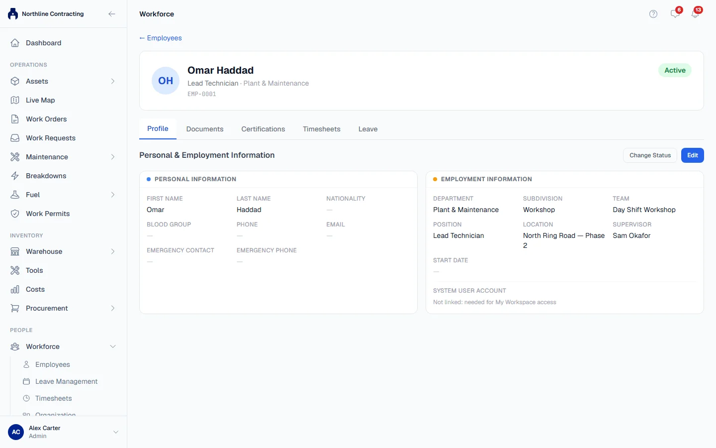 An employee's profile with the Profile, Documents, Certifications, Timesheets and Leave tabs