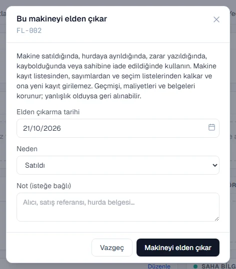 Elden çıkarma tarihi, neden ve isteğe bağlı not alanlarıyla makineyi elden çıkarma penceresi