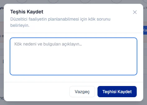 Bir arızanın teşhisini kaydetme penceresi