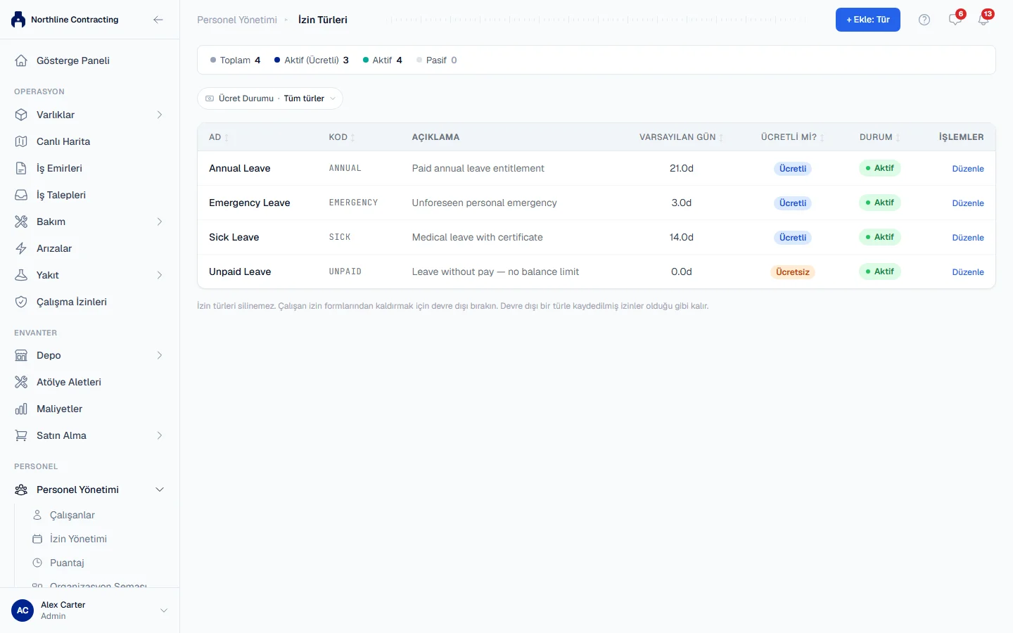 The Leave Types list with each type's code, default days and whether it is paid