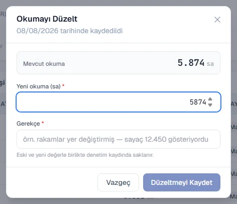 Güncel değer, yeni değer ve gerekçe alanlarıyla değer düzeltme penceresi