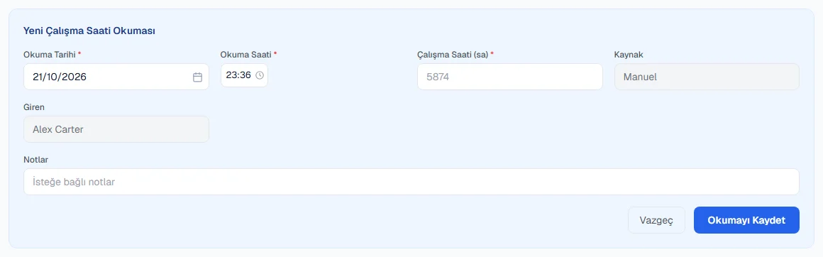 Okuma tarihi, saat ve sayaç kutusuyla yeni çalışma saati okuma formu