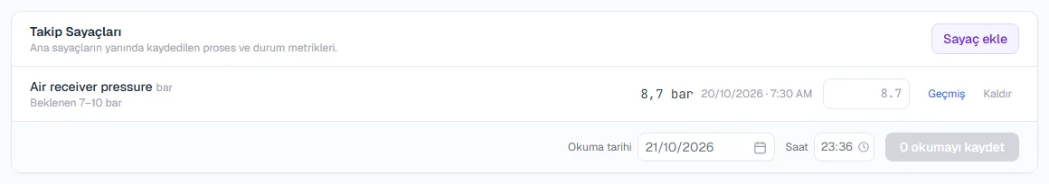 Bir basınç ölçüsü, son değeri, yeni değer kutusu ve okuma tarihiyle Takip Sayaçları kartı