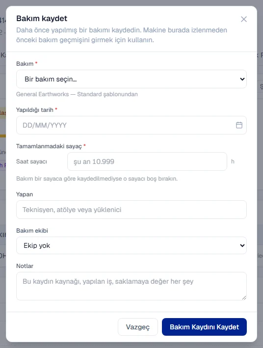 Geçmiş bir bakım için kayıt formu: bakım, yapıldığı tarih, tamamlanmadaki sayaç ve yapan