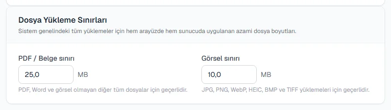 Belgeler ve görseller için ayrı sınırlarıyla Dosya Yükleme Sınırları bölümü