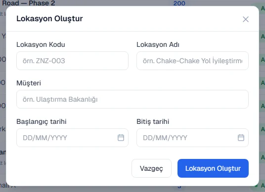 Yeni Lokasyon formu: Lokasyon Kodu ve Lokasyon Adı alanları