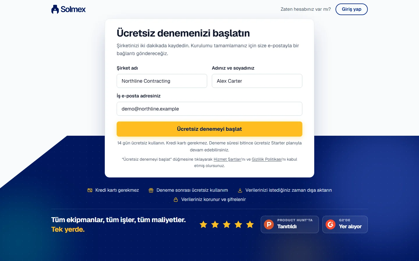 Ücretsiz deneme formu: şirket adı, ad ve iş e-postası doldurulmuş