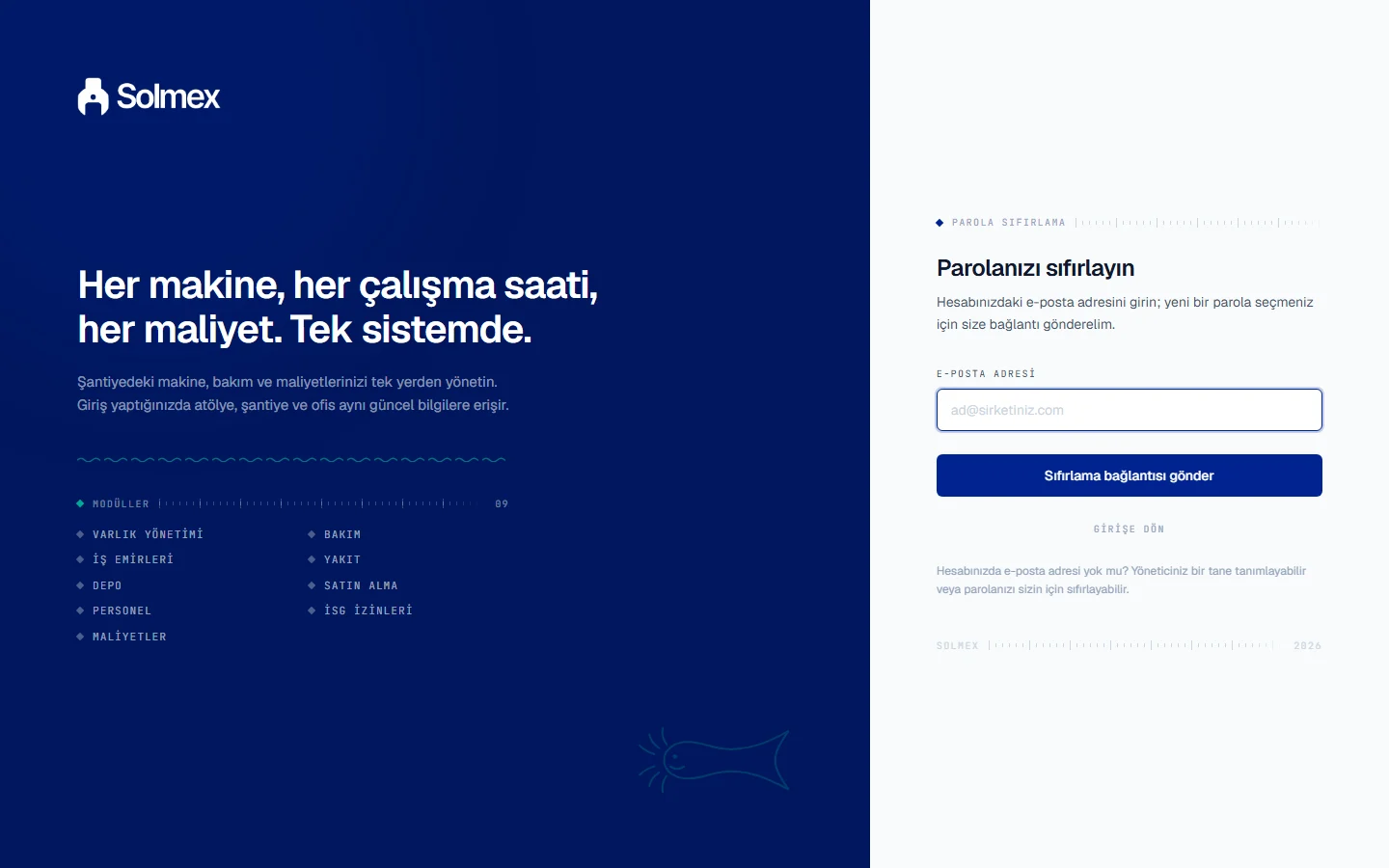 E-posta adresinizi girip sıfırlama bağlantısı gönder düğmesine tıkladığınız Parolanızı sıfırlayın sayfası